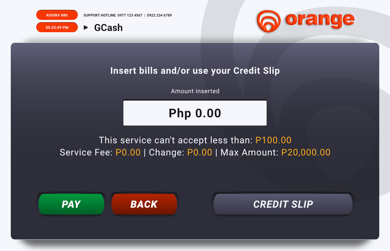 Orange kiosk payment screen prompting you to insert bills or use a Credit Slip, with the service fee shown before you confirm.